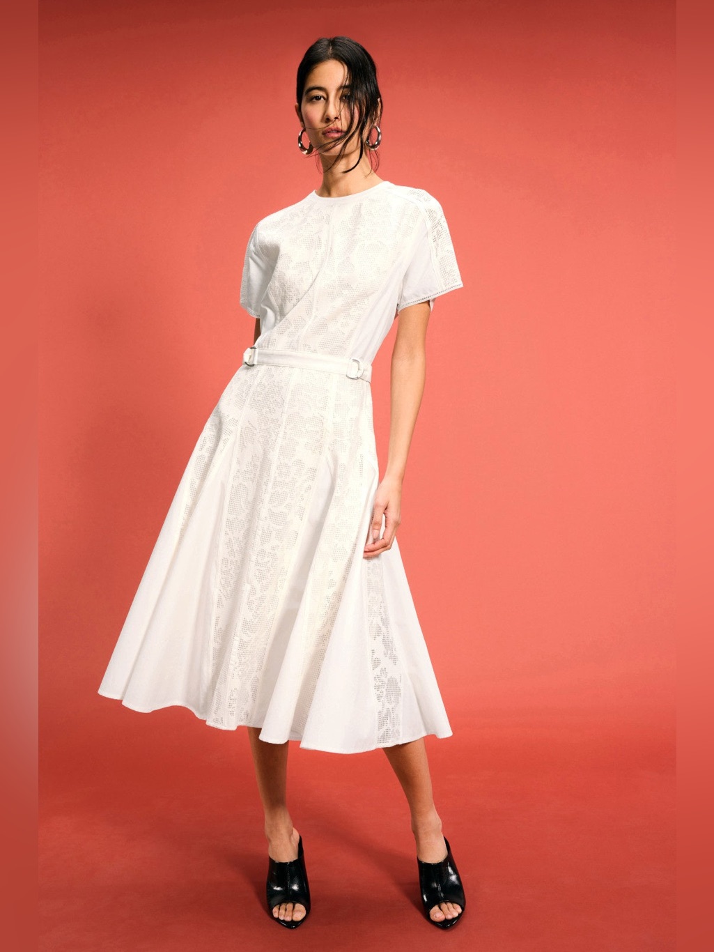 Elegant White Lace Midi Dress With Belt